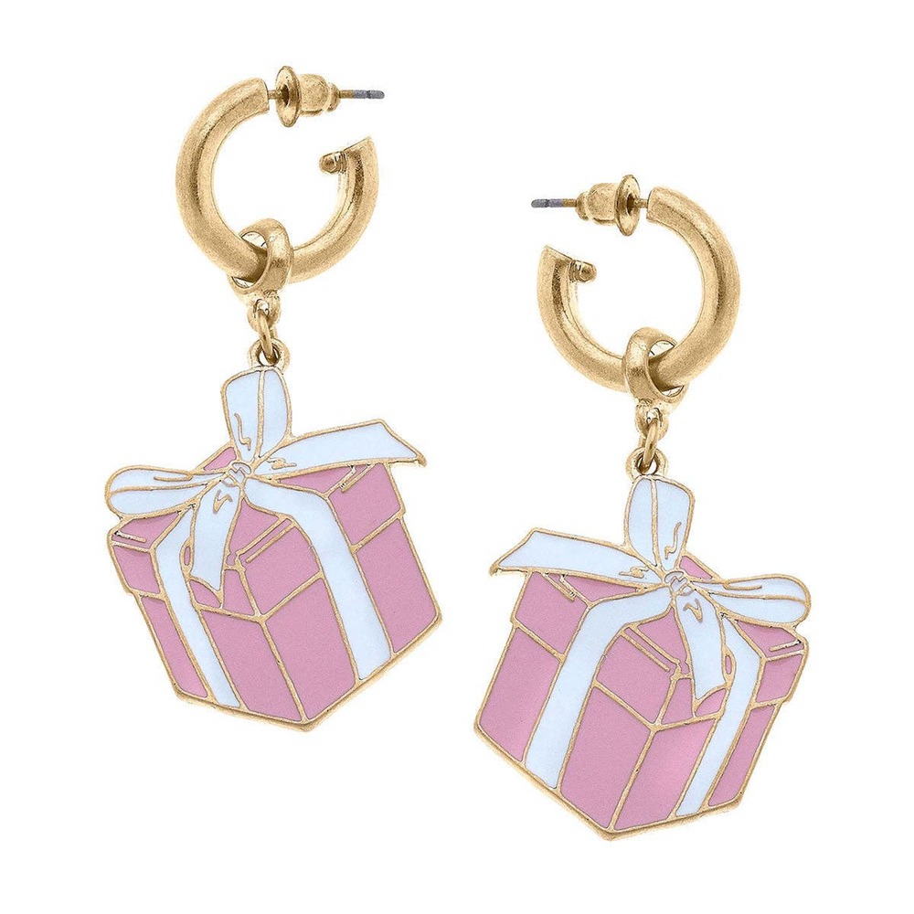 Enamel Present Charm Hoop Drop Earrings in Pink & White